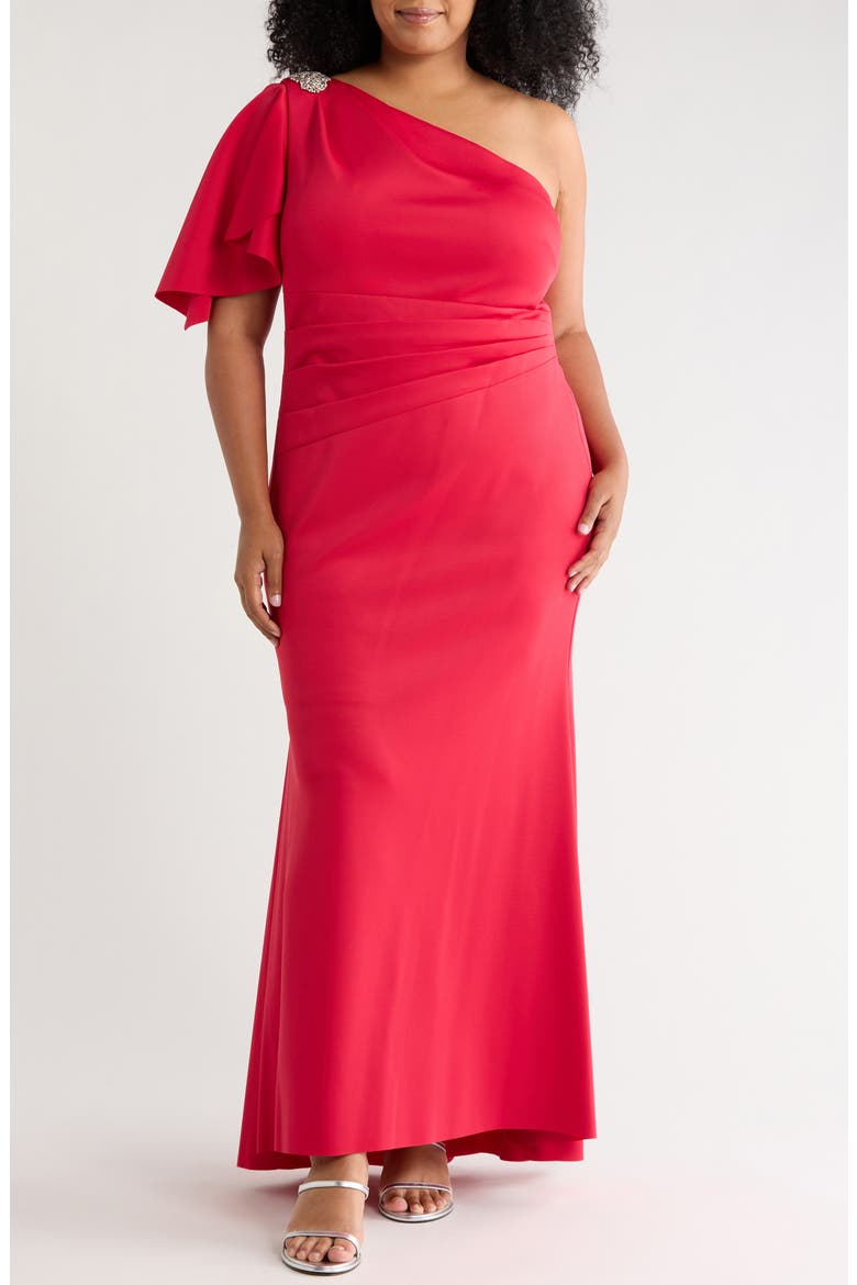 Cape Sleeve One Shoulder Gown, Main, color, RUBY RED