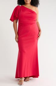 Jessica Howard Cape Sleeve One Shoulder Gown