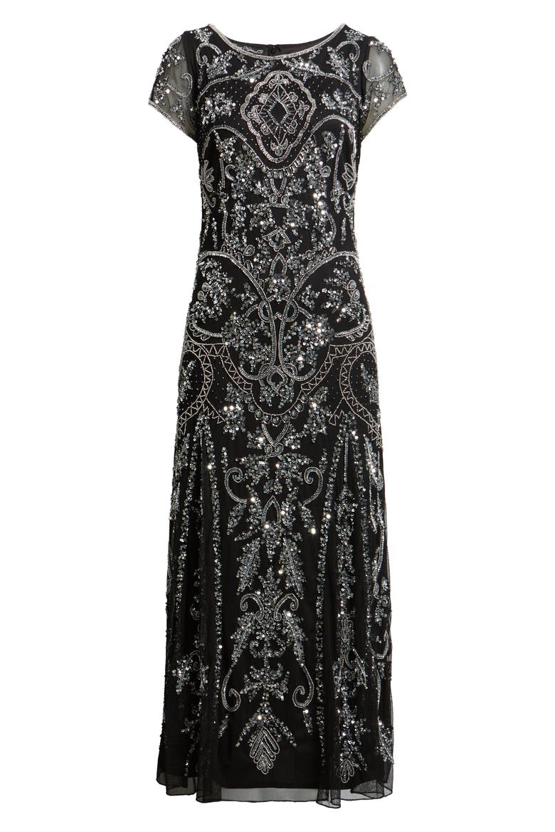 pisarro nights beaded mesh midi cocktail dress Beaded Mesh Midi Cocktail Dress in Black