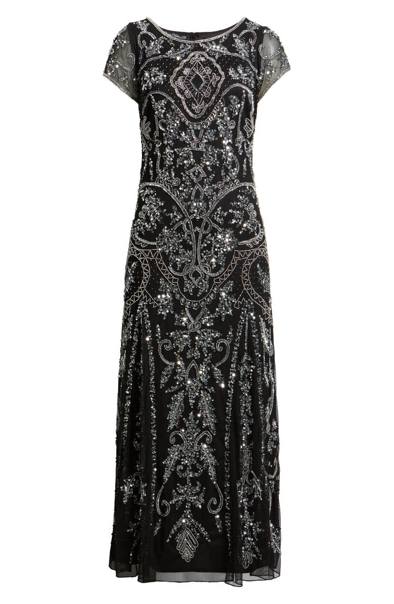 Pisarro Nights Beaded Mesh Midi Cocktail Dress, Alternate, color, Black/ Silver
