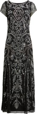 Pisarro Nights Beaded Mesh Midi Cocktail Dress