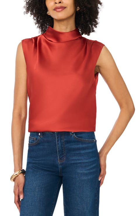 Mock Neck Sleeveless Satin Top