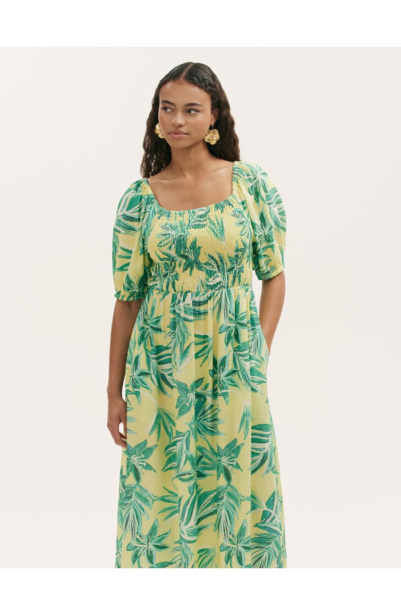 Finery London Enzo Short Sleeve Floral Midi Dress, Alternate, color, Lime Tropical Bloom