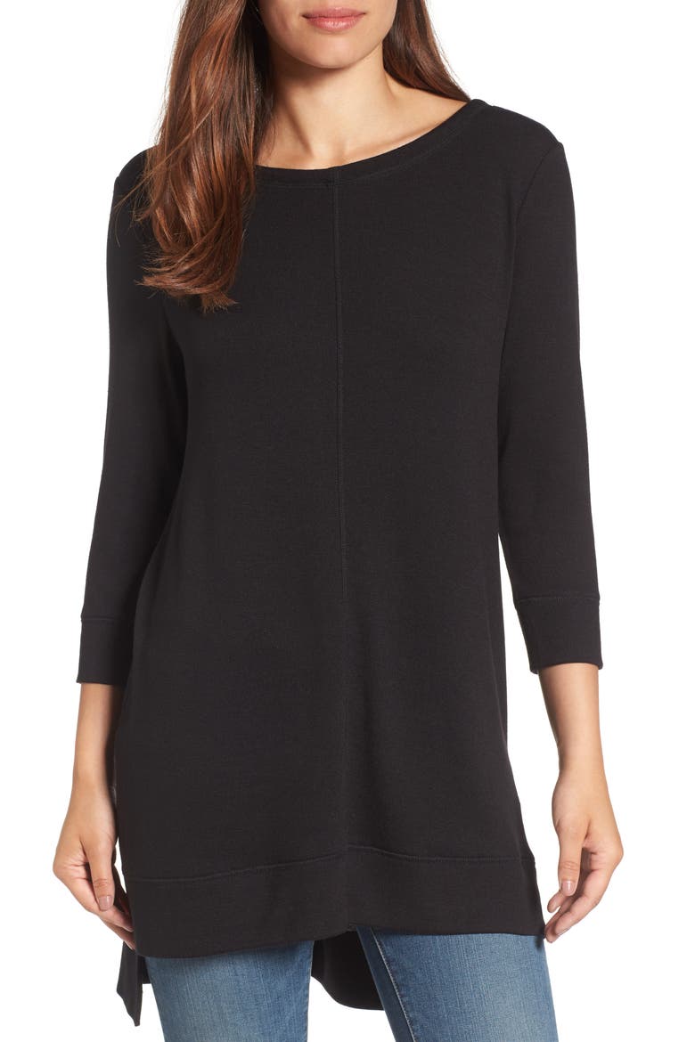 Three Quarter Sleeve Side Slit Tunic, Main, color, BLACK