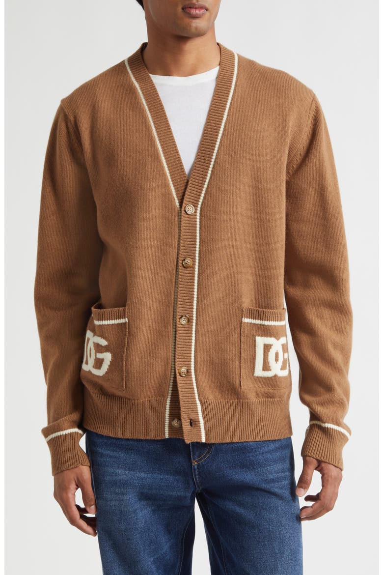Intarsia Logo Virgin Wool Cardigan, Main, color, M0180 NOCE SCURO