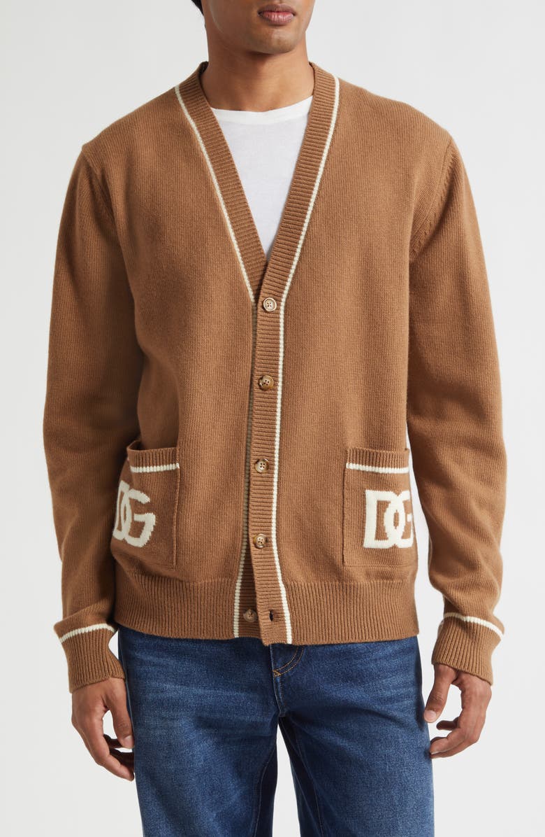 Dolce&Gabbana Intarsia Logo Virgin Wool Cardigan, Main, color, M0180 Noce Scuro