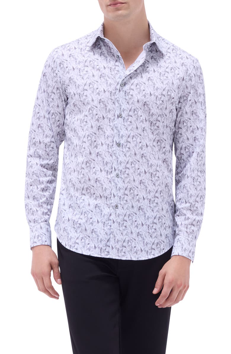 Bugatchi James OoohCotton<sup>®</sup> Leaf Print Button-Up Shirt, Main, color, Platinum