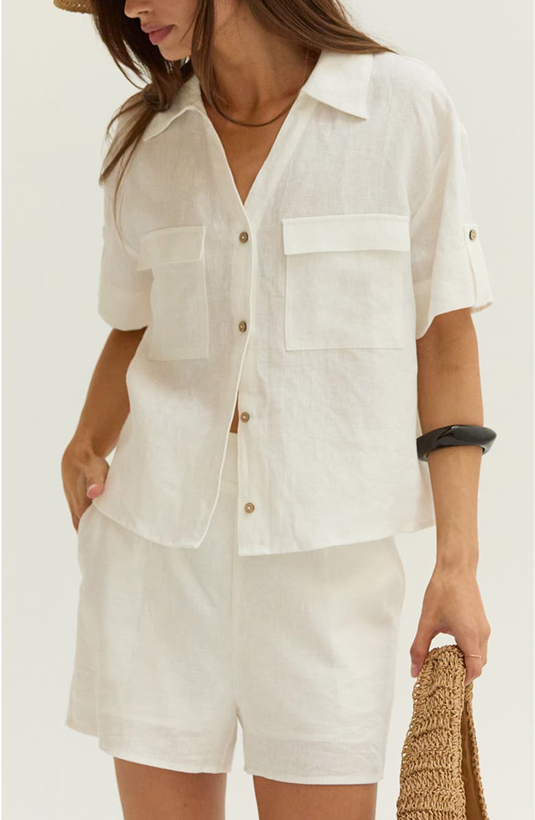 CRESCENT Button Down Short Sleeve Linen Top, Alternate, color, White