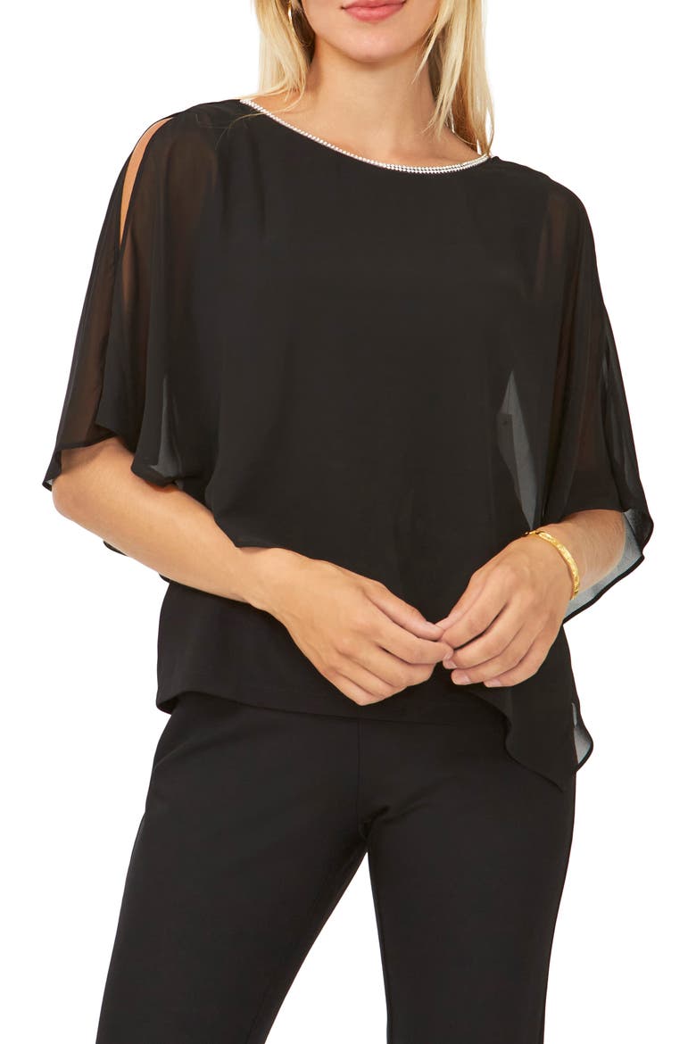 Rhinestone Trim Cold Shoulder Overlay Top, Main, color, BLACK