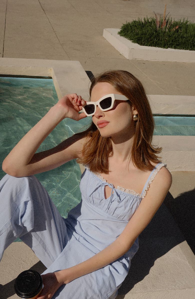 WAYF Sara Lace Trim Cotton Camisole, Alternate, color, Blue-Ivory Stripe