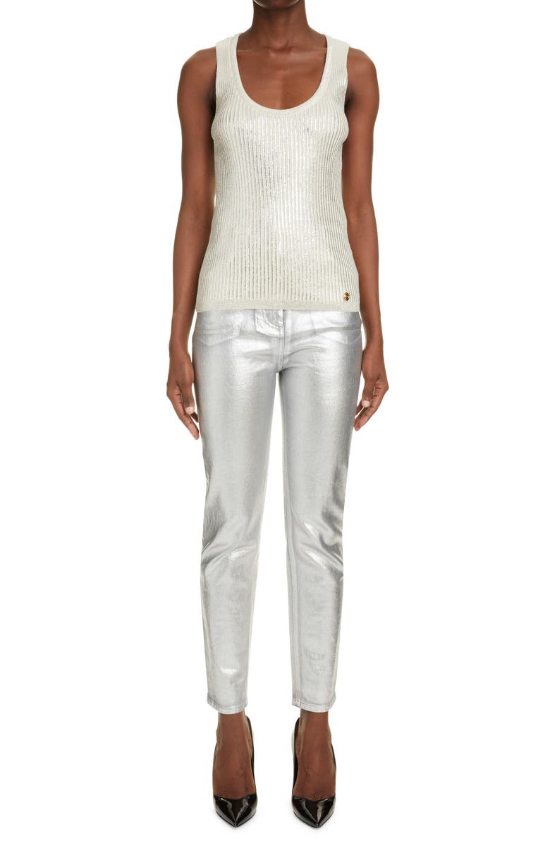 Balmain Metallic High Waist Slim Fit Jeans, Alternate, color, 