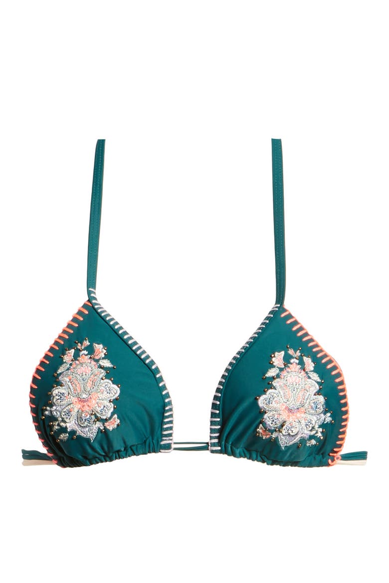 Floral Embroidered Stud Triangle Bikini Top, Alternate, color, GREEN MULTI