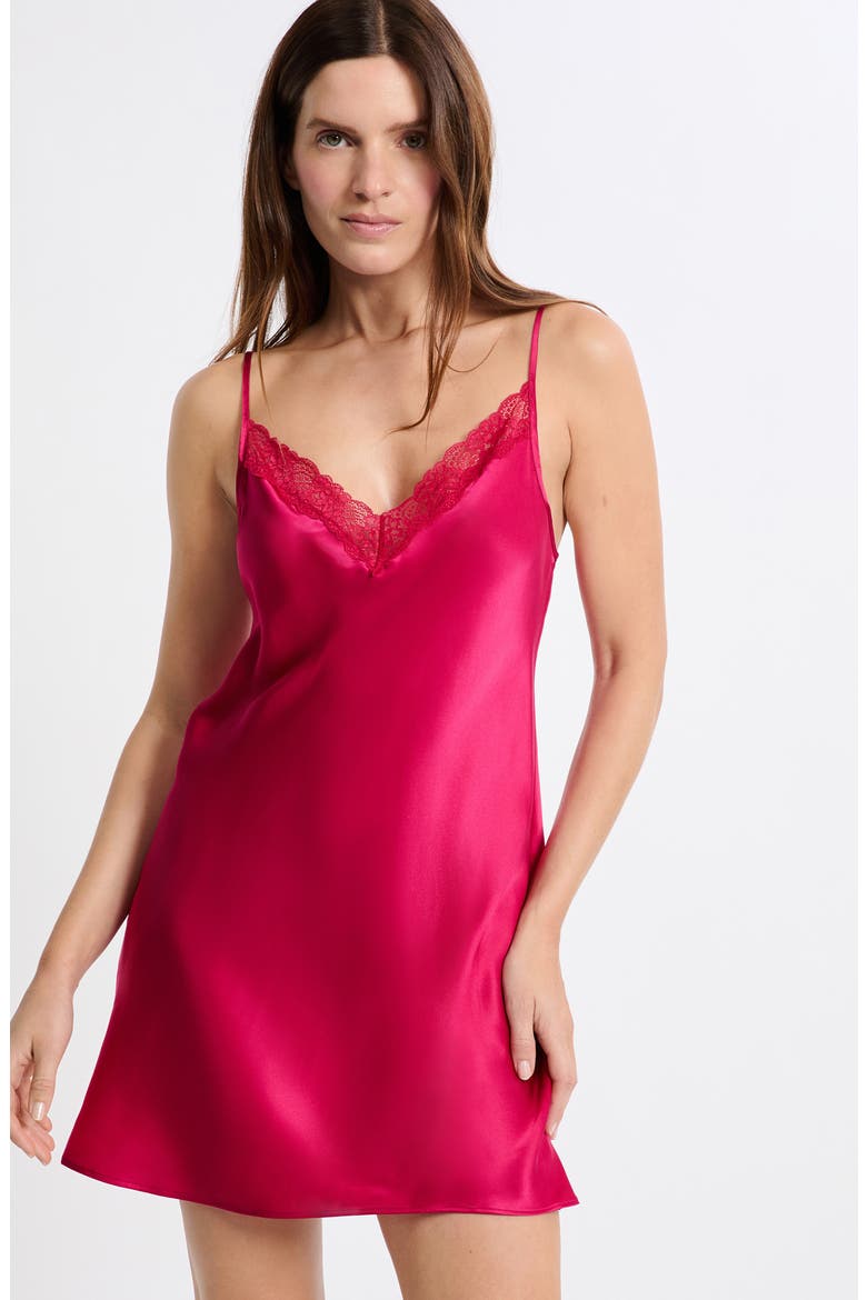 Milky Lace Trim Silk Chemise, Alternate, color, PETUNIA