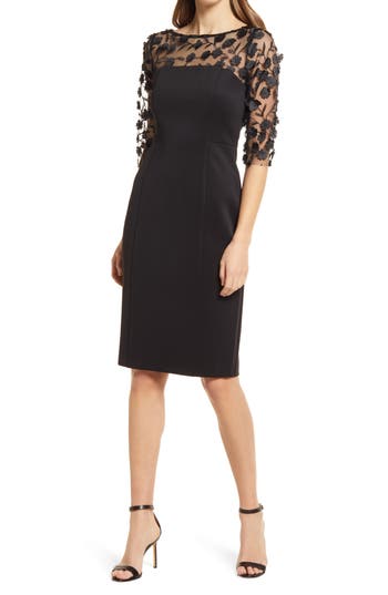 Eliza J Social Lace Sleeve Scuba Crepe Cocktail Dress In Black