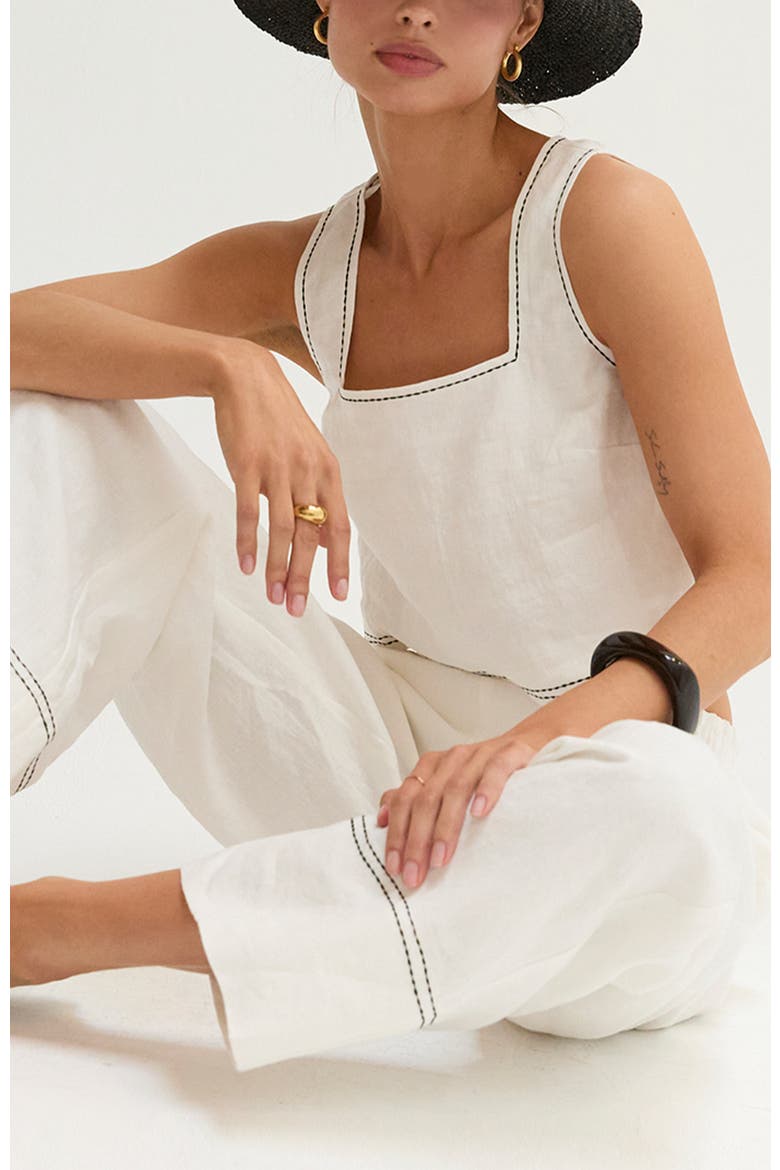 Contrast Stitch Cropped Top & Pants Linen Two Piece Set, Alternate, color, White