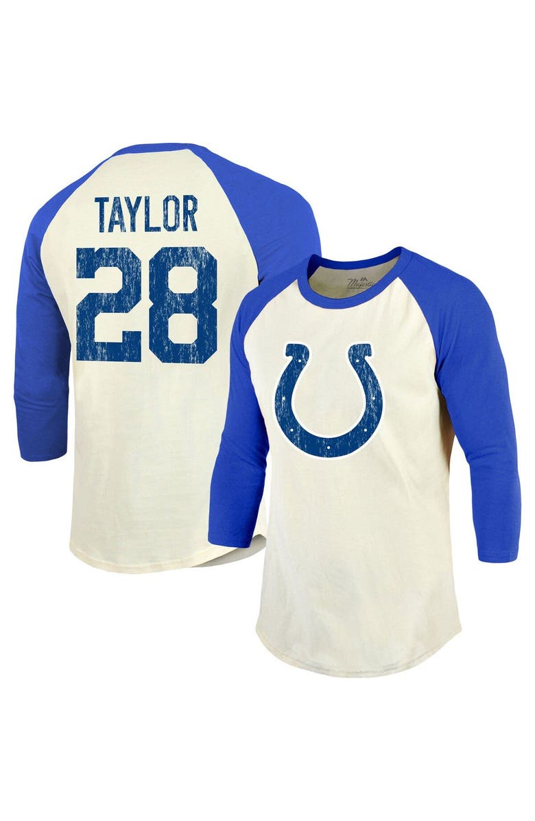 Majestic Threads Men's Majestic Threads Jonathan Taylor Cream/Royal Indianapolis Colts Player Name & Number Raglan 3/4-Sleeve T-Shirt, Main, color, Cream