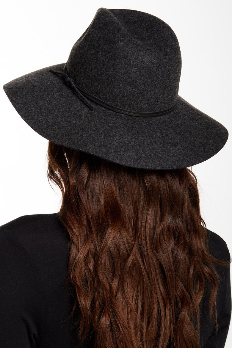 Leather Trim Wide Brim Wool Fedora, Alternate, color, GREY
