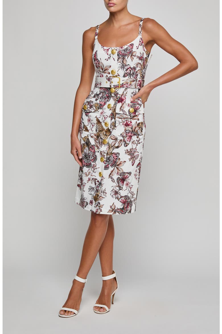 Ida Print Sleeveless Belted Stretch Cotton Dress, Main, color, WHITE MULTI