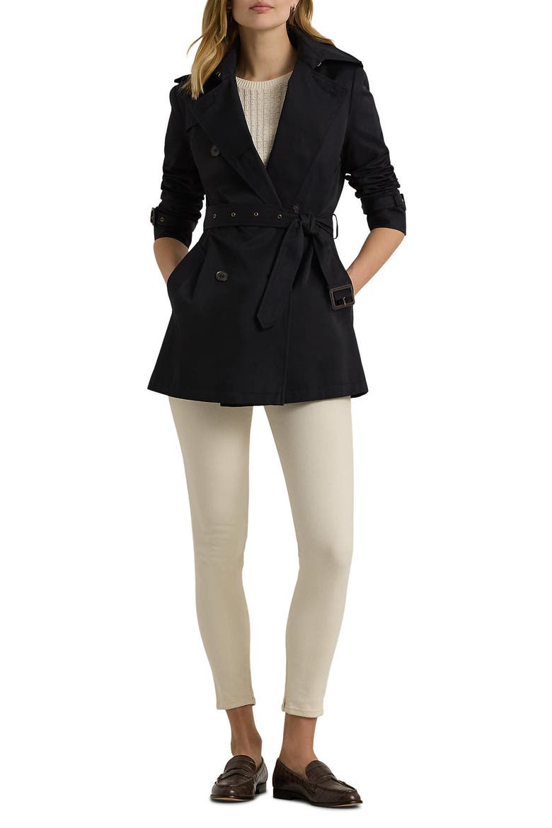 Belted Double Breasted Trench Coat with Faux Leather Trim, Alternate, color, DK NAVY