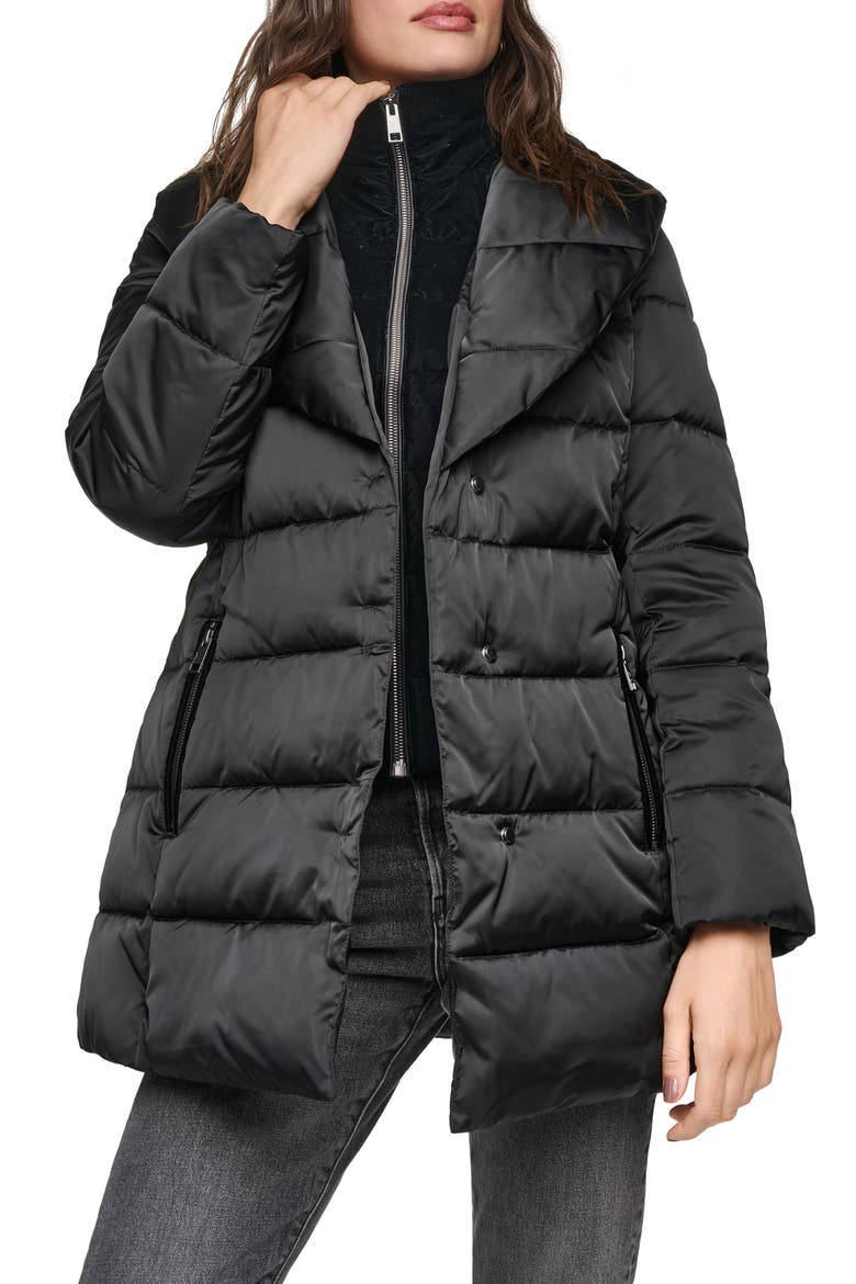 Zamora Shawl Collar Belted Puffer Coat, Alternate, color, BLACK