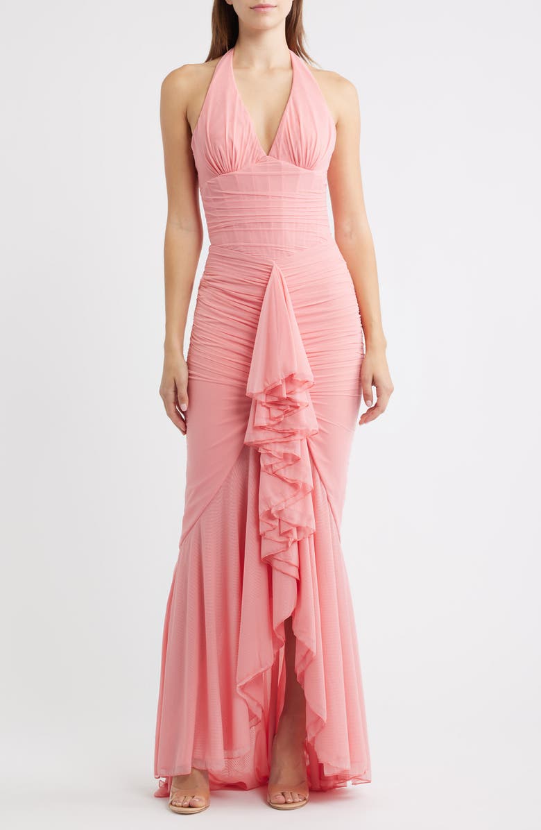 HOUSE OF CB Carmine Mesh Halter Neck Waterfall Gown, Main, color, Raspberry