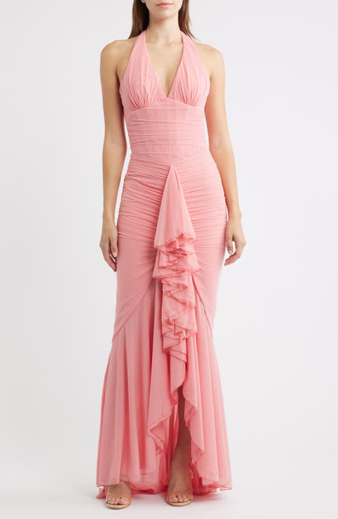 Carmine Mesh Halter Neck Waterfall Gown
