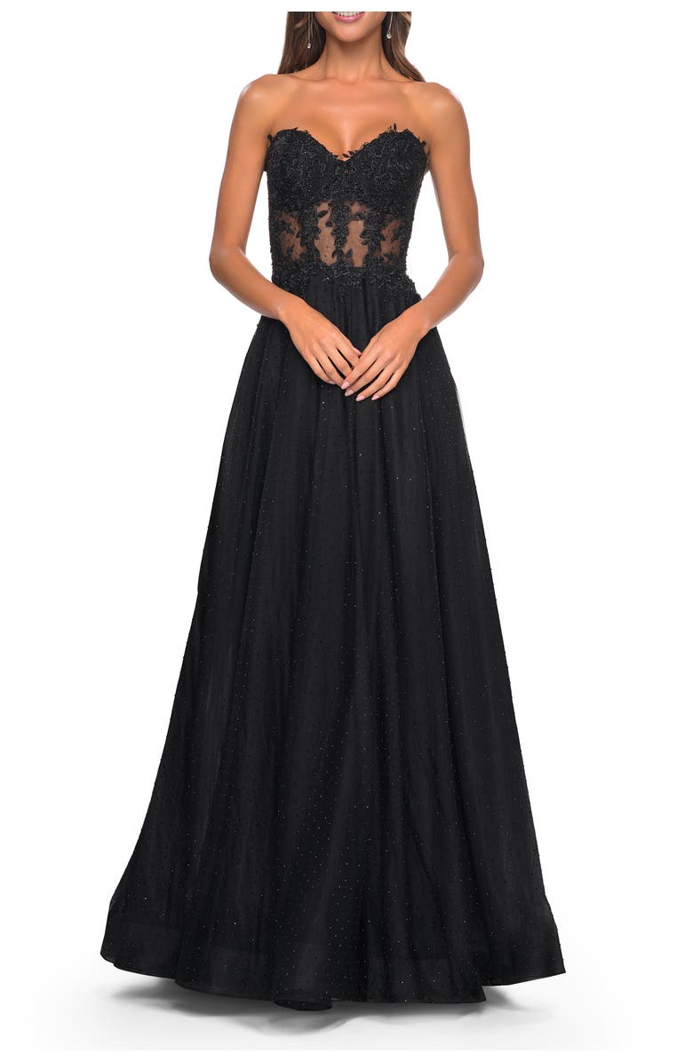 La Femme A-Line Tulle Ballgown with Lace Illusion Bodice, Alternate, color, Black