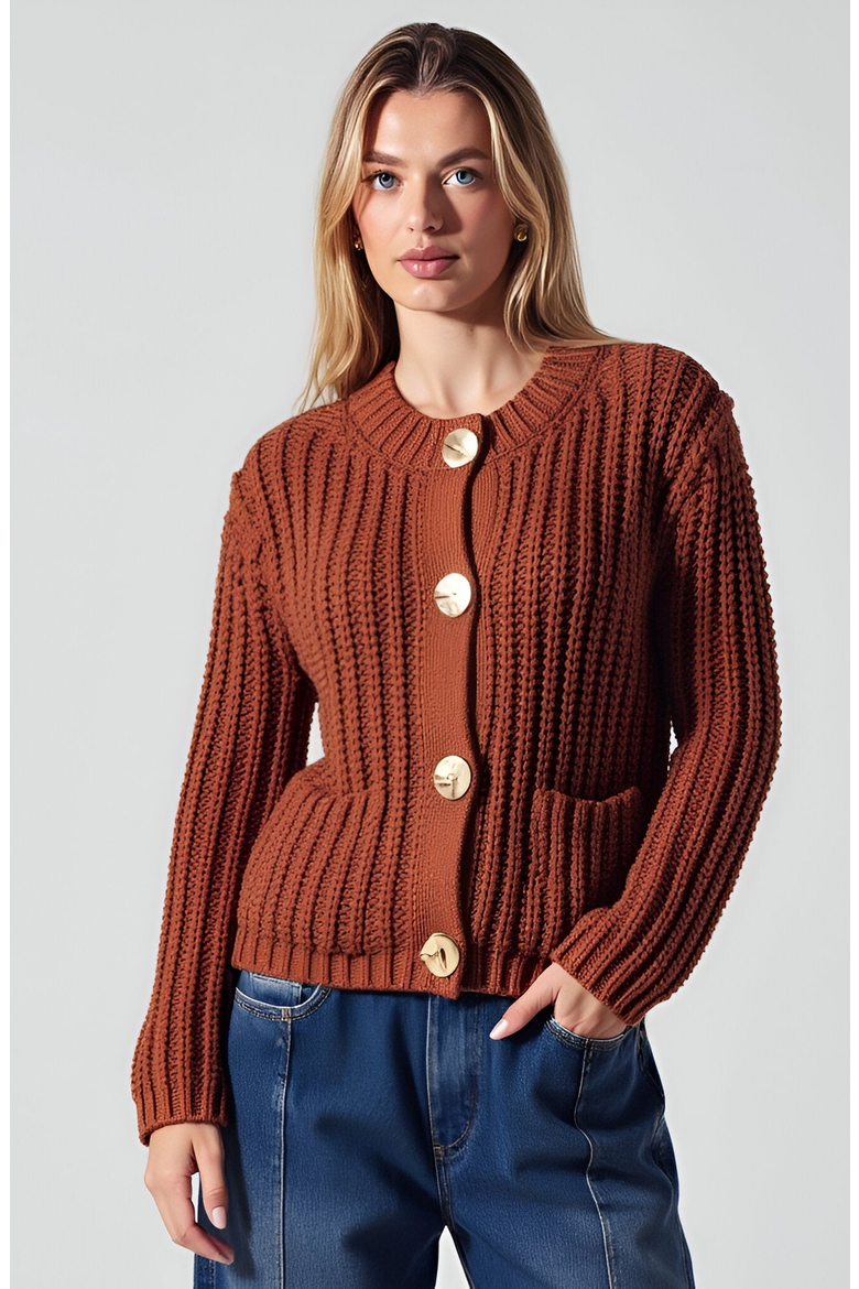 Chunky Ribbed Gold-Button Patch-Pocket Cardigan, Alternate, color, Rust