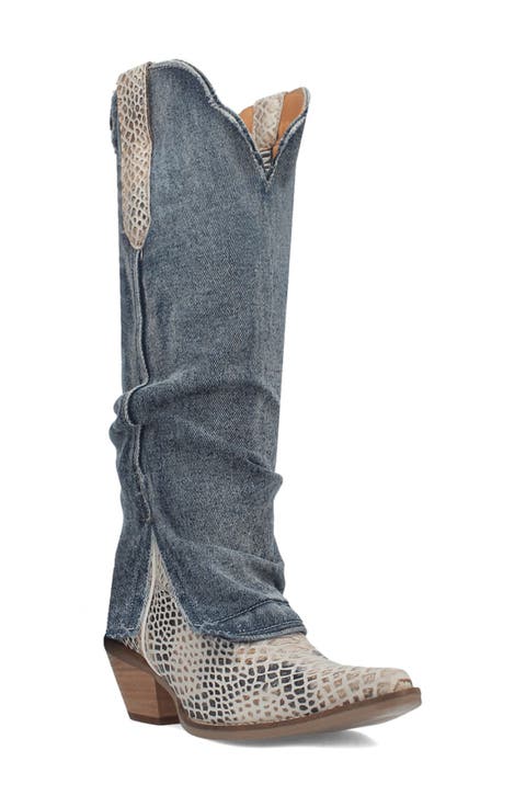 Knee High Denim & Snakeskin Embossed Western Boot (Women)