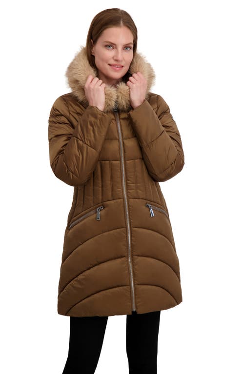Laundry By Shelli Segal Puffer Jacket With Faux Fur Trim Hood In Brown