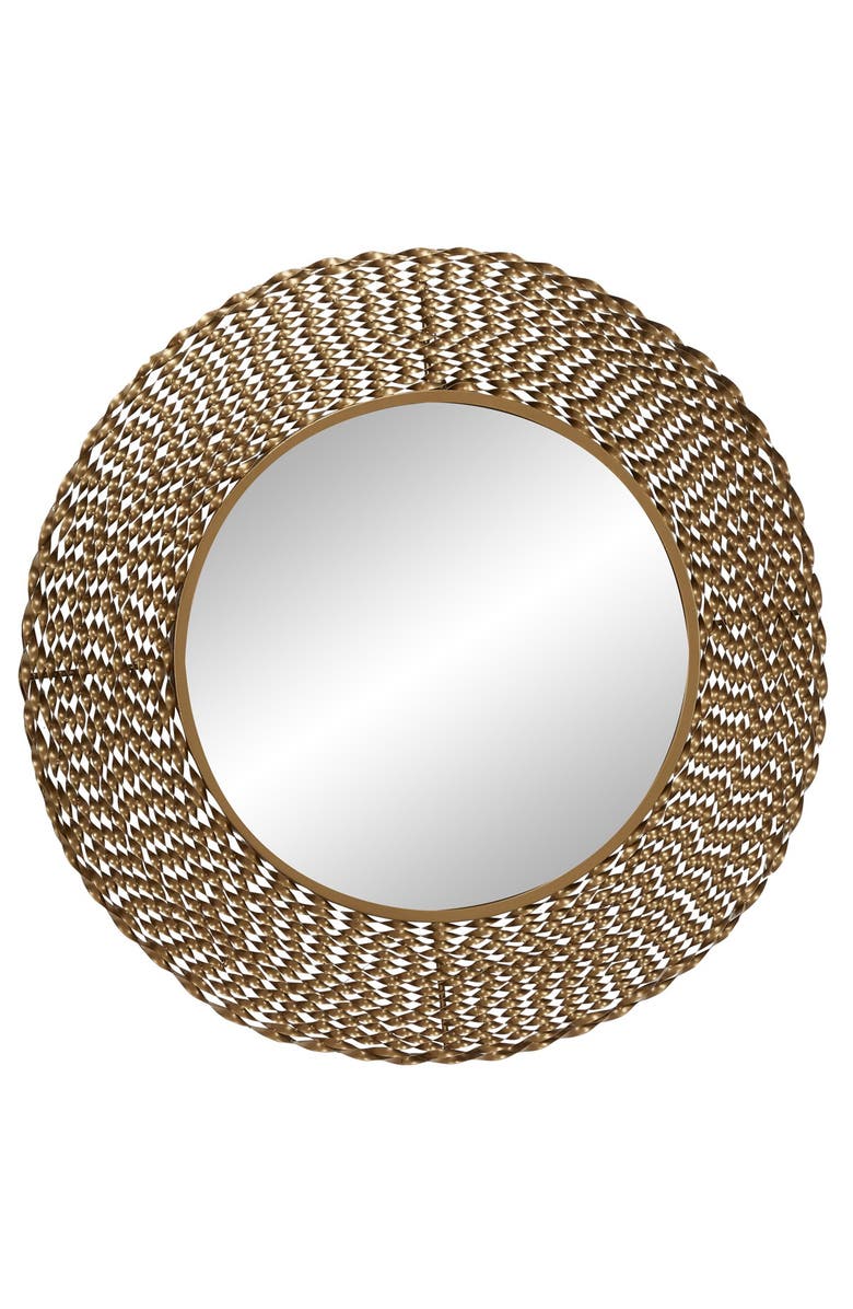 VIVIAN LUNE HOME Modern Style Large Round Twisted Gold Metal Wall Mirror - 35" x 35", Main, color, 