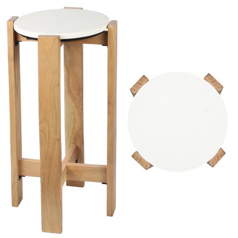 Elena 24" Minimalist Structured Wood Drink Table and Decorative End Table with White Marble Round Top