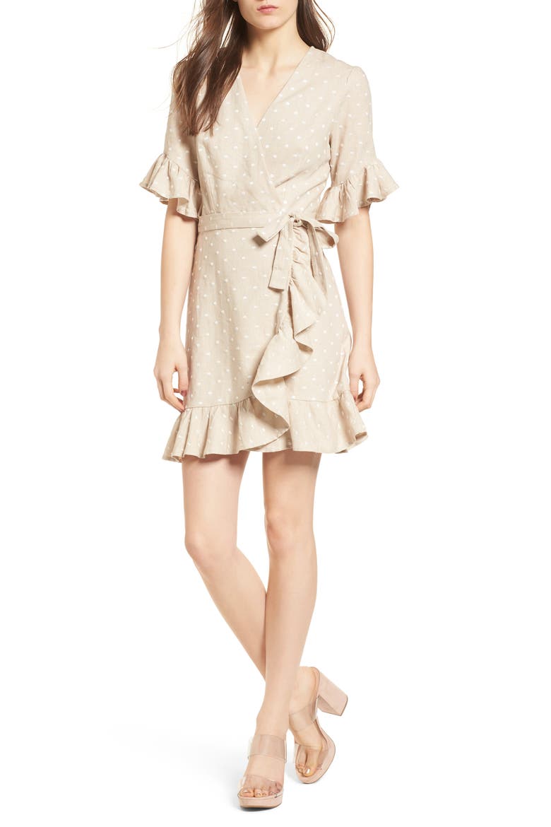 Ruffle Wrap Dress, Main, color, NATURAL/ IVORY POLKA DOT