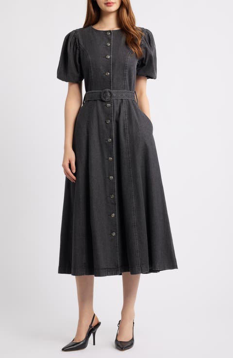 Puff Sleeve Belted Cotton Blend Denim Shirtdress