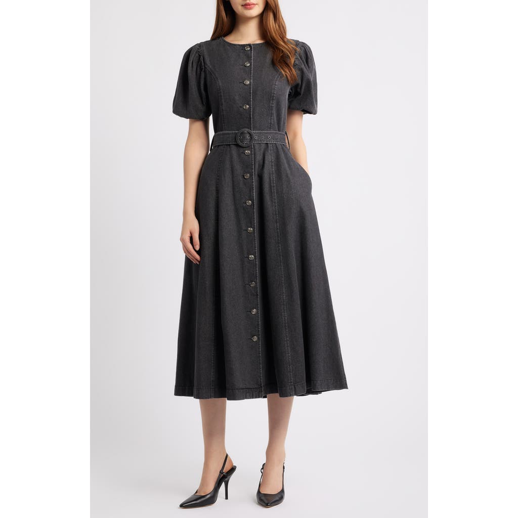 Freemarket Puff Sleeve Belted Cotton Blend Denim Shirtdress In Black