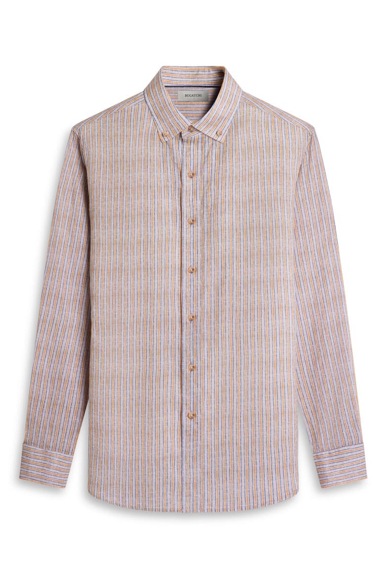 Austin Shaped Fit Stripe Cotton & Linen Button-Down Shirt, Alternate, color, DESERT