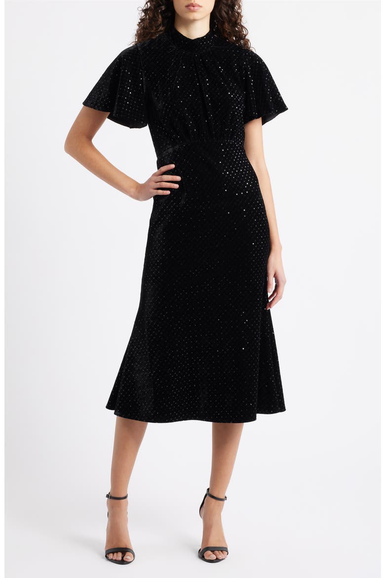 Sequin Embellished Velvet Midi Dress, Main, color, BLACK