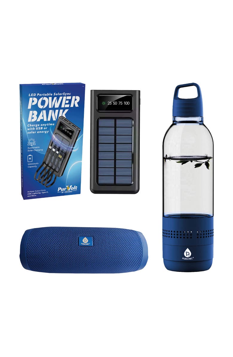 PURSONIC Outdoor Essentials Bundle - 2-in-1 Bluetooth Water Bottle, Peak Wireless Speaker, and LED Portable Solarsync Power Bank, Main, color, Blue