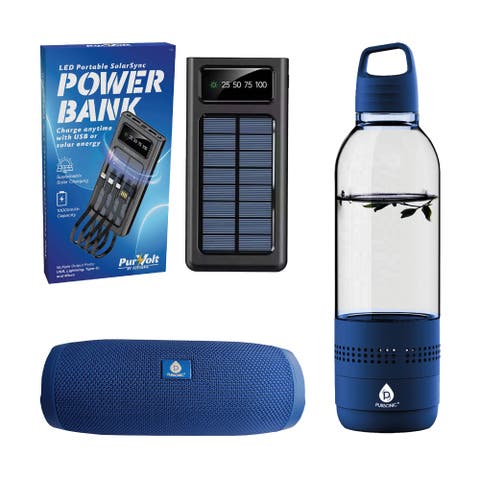 Outdoor Essentials Bundle - 2-in-1 Bluetooth Water Bottle, Peak Wireless Speaker, and LED Portable Solarsync Power Bank