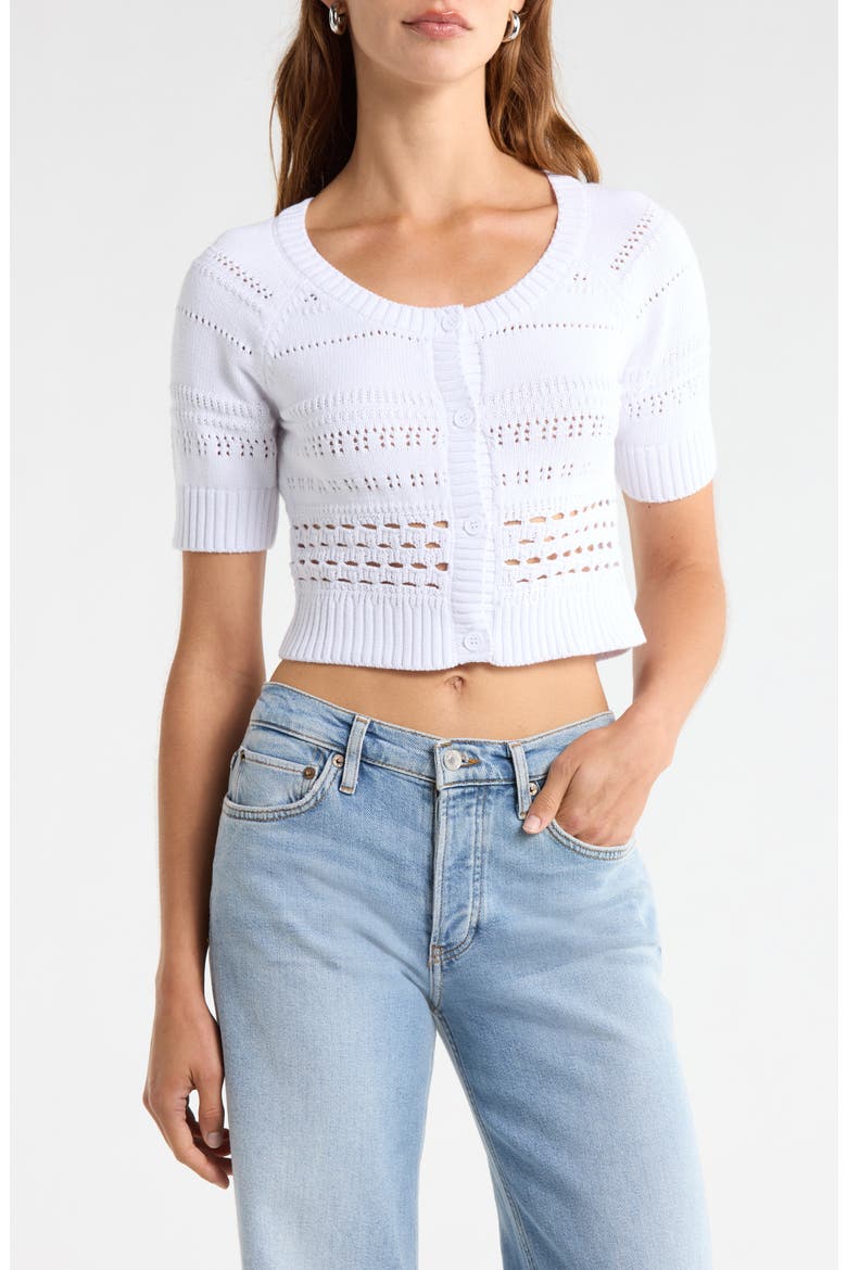 Mixed Stitch Short Sleeve Cotton Cardigan, Main, color, WHITE