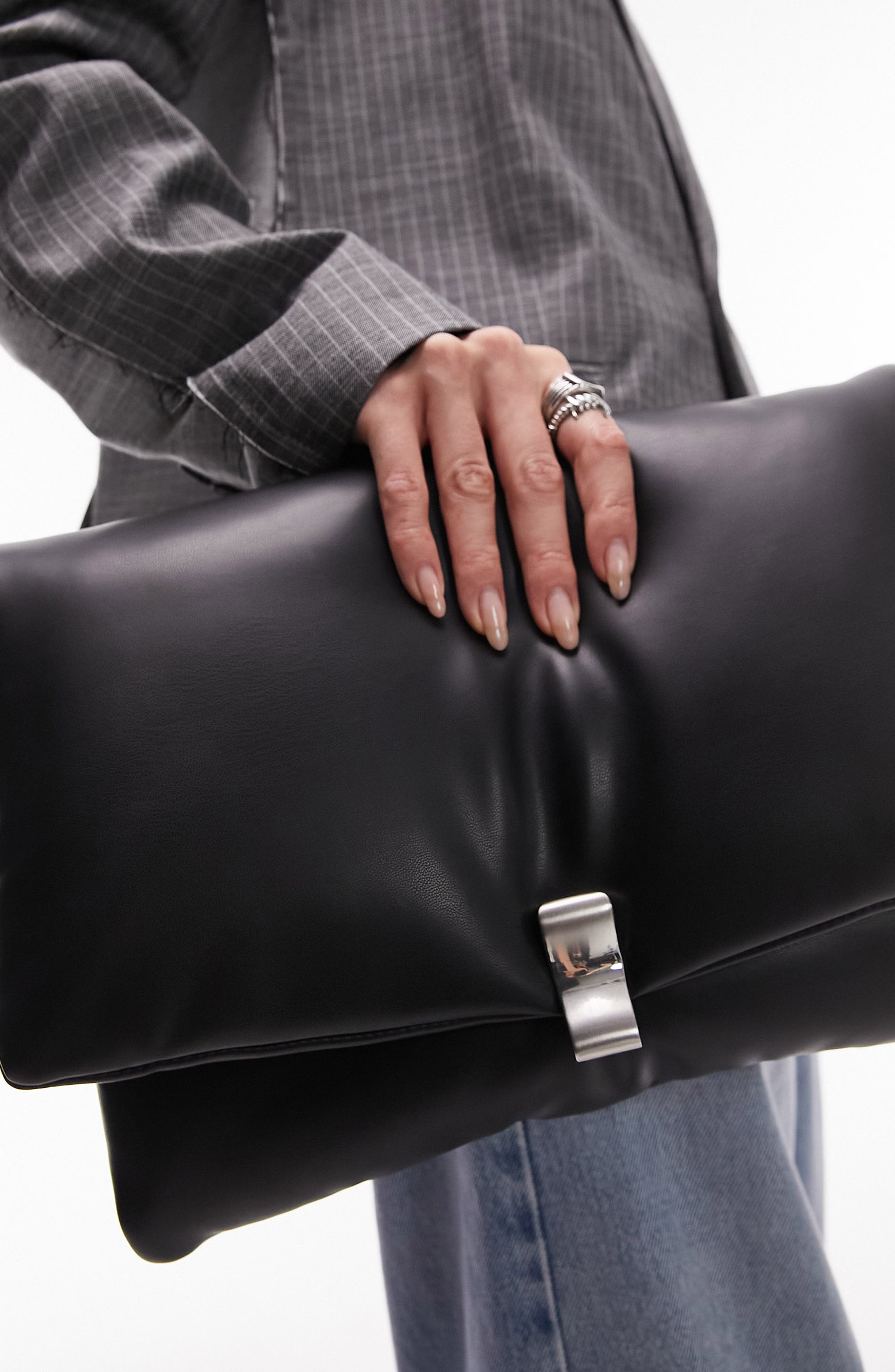 Oversize Puffy Faux Leather Envelope Clutch, Alternate, color, BLACK