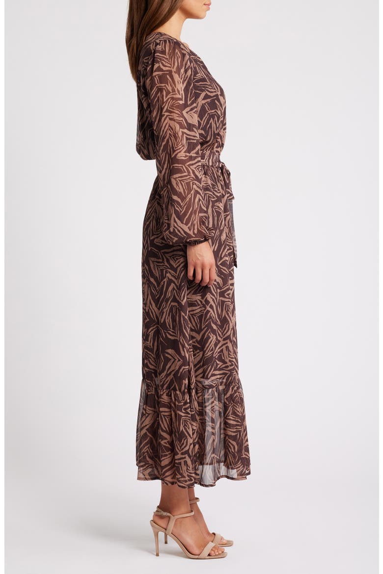 Long Sleeve Faux Wrap Dress, Alternate, color, BROWN- TAN