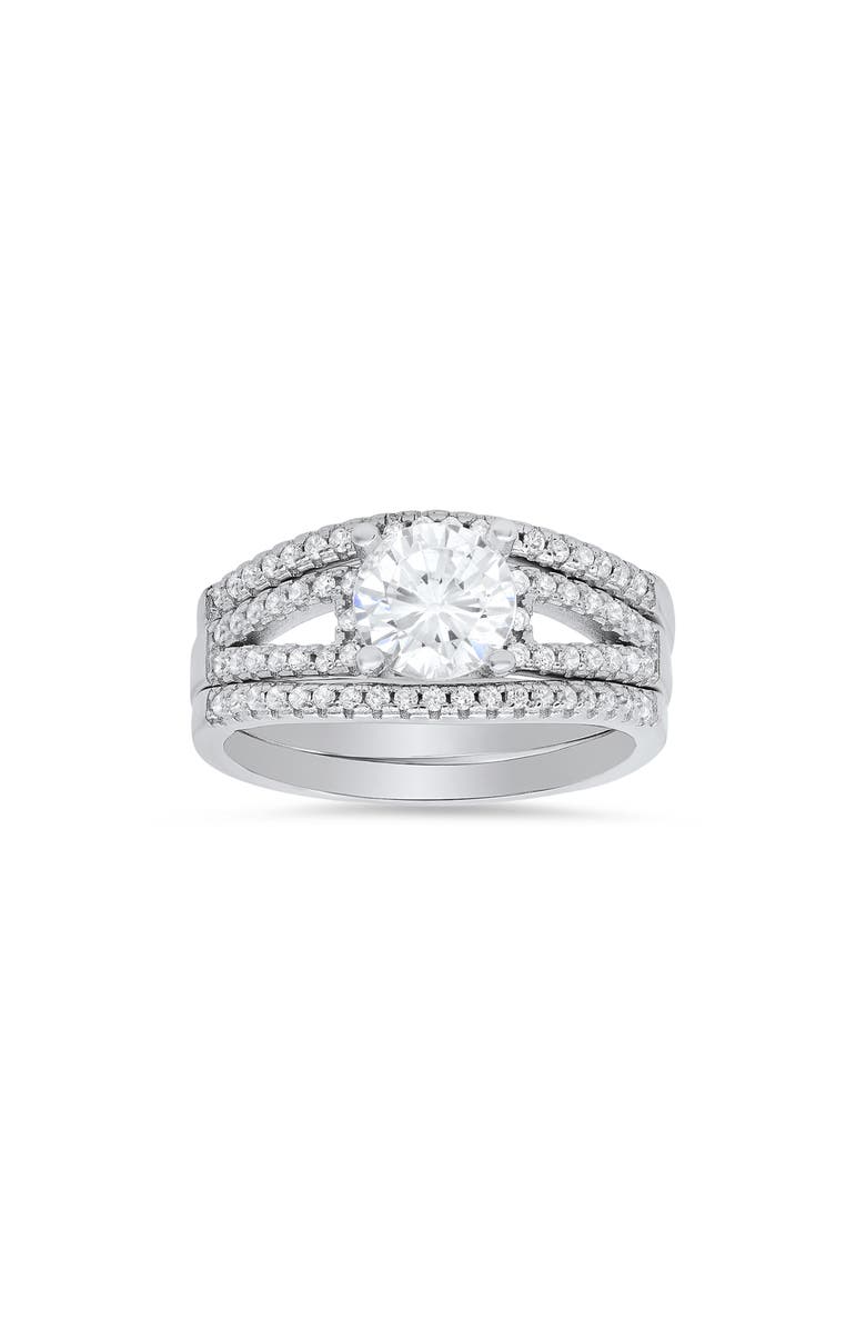 Queen Jewels Set of 3 Sterling Silver Round Cubic Zirconia Solitaire & Pavé Band Rings, Main, color, Silver
