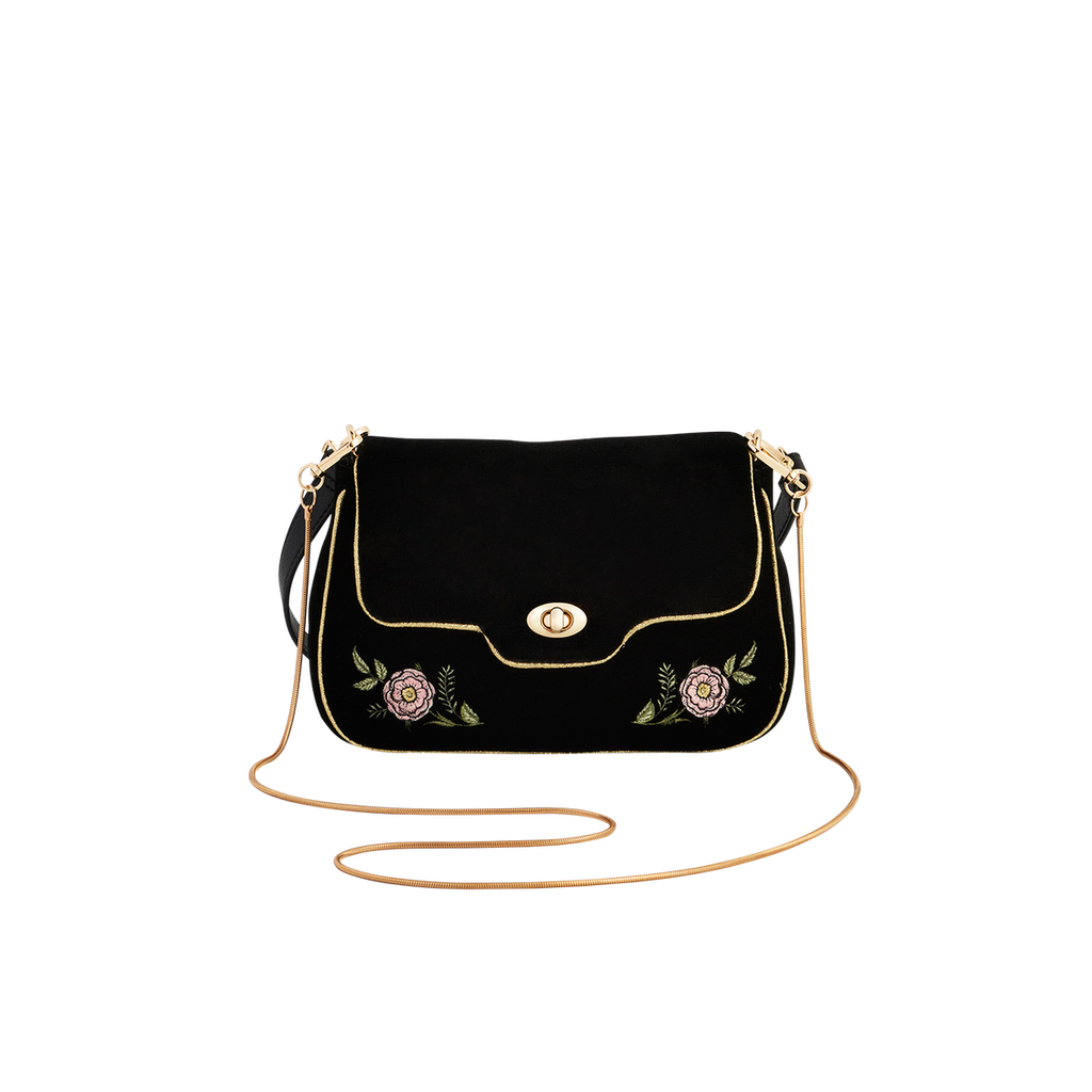 Fable England Rose Embroidered Black Clutch