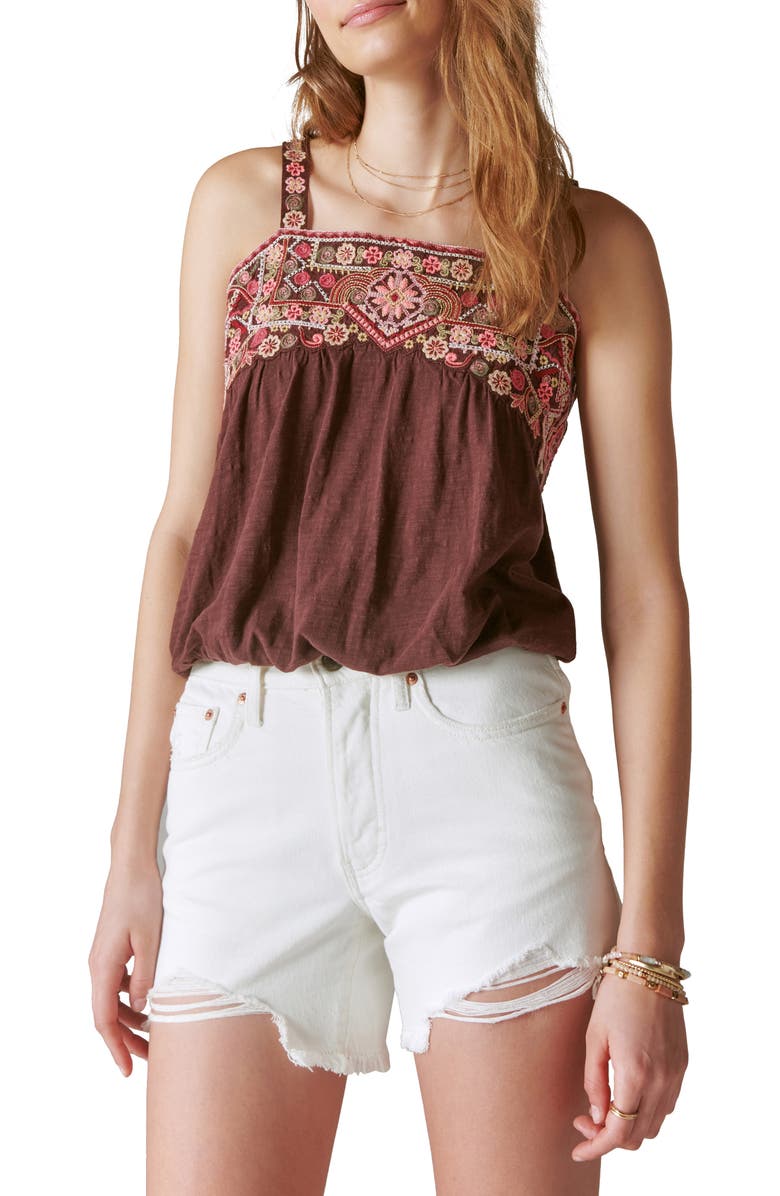 Lucky Brand Embroidered Bubble Tank, Main, color, French Roast