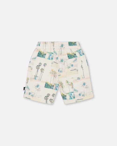 DEUX PAR DEUX DEUX PAR DEUX LITTLE BOY'S PRINTED FRENCH TERRY SHORT BEIGE PALM TREE AND TEAL 