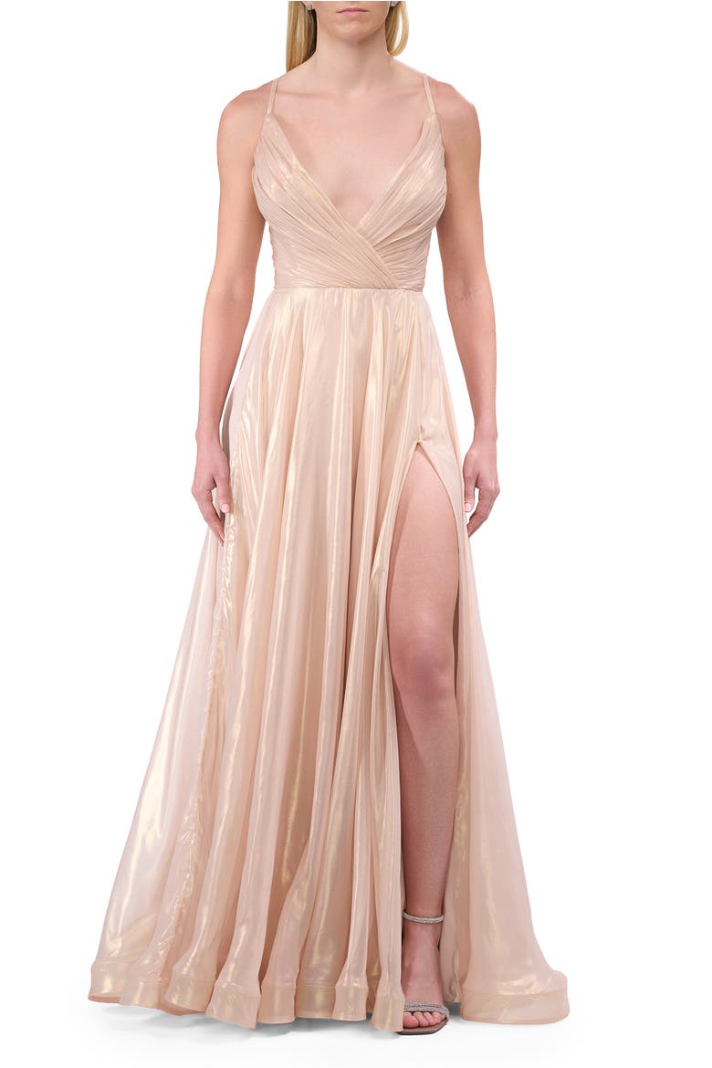 Metallic Chiffon Gown with Ruched Bodice and Slit, Alternate, color, Light Gold