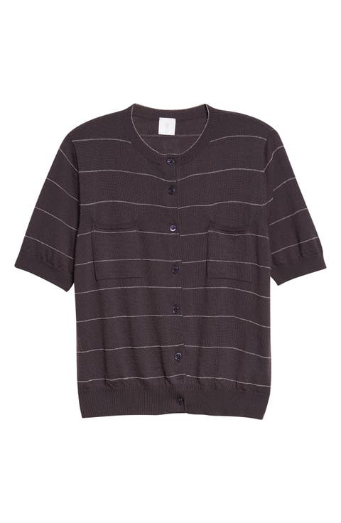 Metallic Stripe Short Sleeve Wool Cardigan