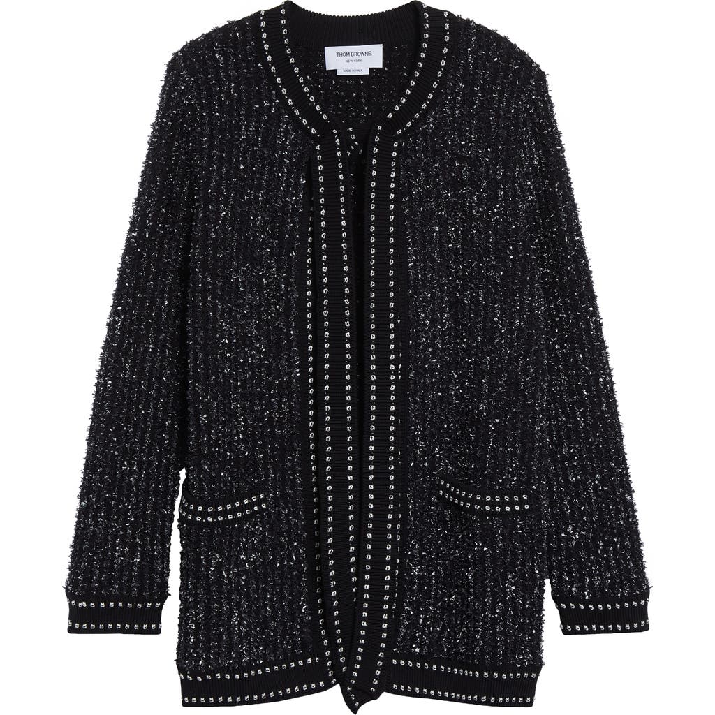 Thom Browne Tie Neck Eyelash Tweed Jacquard Cardigan In Black