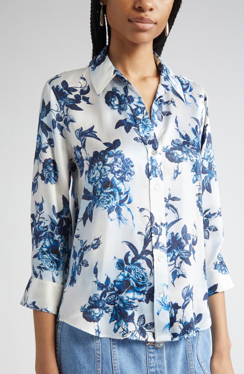 L'AGENCE Dani Floral Silk Button-Up Shirt, Alternate, color, White/ Blue Painterly Floral